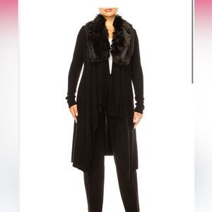 NWT SIONI removable FAUX-FUR COLLAR LONG-SLEEVE CARDIGAN SWEATER sold out black